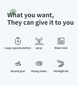 Close-up of USB fan features including spray mist, large battery, and low noise motor