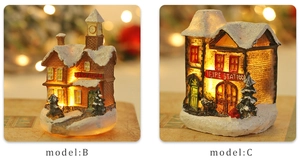 Detail of LED light-up resin Christmas snow houses, model B Train and model C Fire station
