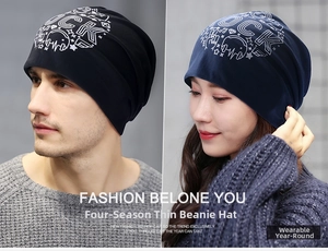 Detail of thin beanie featuring ROCK music print and star patterns in black and navy
