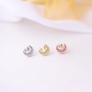 Detailansicht von Mond- und Stern-Ohrsteckern in Silber, Gold und Roségold-Finish