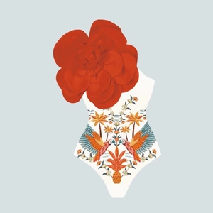 Detail of one-shoulder swimsuit with 3D red flower and tropical macaw parrot print