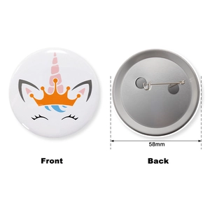 58mm unicorn tinplate badge showing front design and back pin detail for birthday party