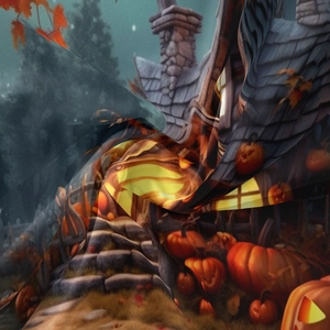 Detailed close-up of Halloween tapestry fabric showing glowing pumpkins and haunted house