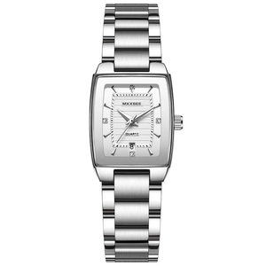 Silver square quartz watch for women with metal strap, white dial, and calendar display