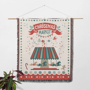 Detail of a Christmas Market cotton woven tapestry with festive fringes and wooden hanger