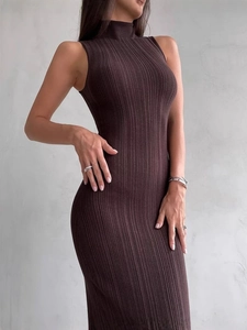 Elegant brown sleeveless turtleneck ribbed knit midi dress showing a slim silhouette