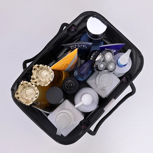 Large capacity black mesh shower caddy bag with handle for gym and travel storage