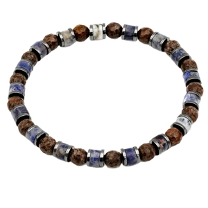 Men's natural gemstone beaded bracelet with blue textures and brown stones on white background
