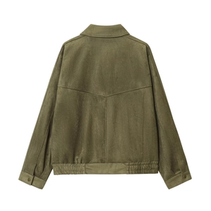 Veste en daim vert olive pour femme avec coupe courte et vue arrière classique sobre
