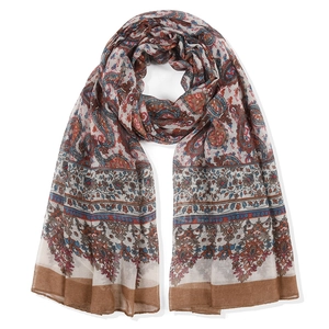 Bohemian paisley printed scarf for women with red and blue floral patterns on beige
