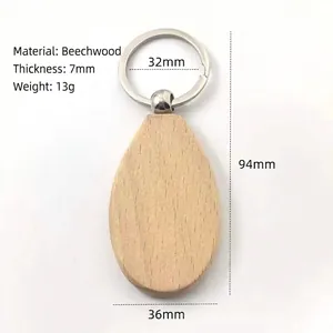 Detail view of beechwood keychain with dimensions 7mm thickness and 13g weight