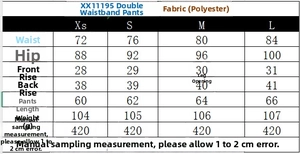 Size chart showing measurements for double waistband pinstripe suit trousers in polyester