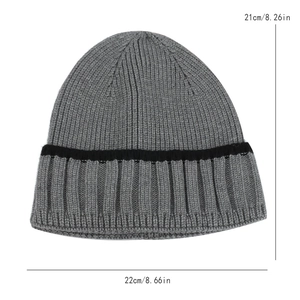 Grey striped winter knit beanie for men with 21x22cm soft warm sports skull cap