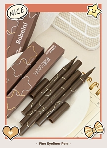 Macro shot of 0.05mm ultra-fine tip liquid eyeliner in dark brown for precision