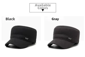 Flat top winter caps for elderly men in black and gray with metal sports style details