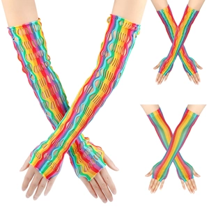 Detailed view of rainbow mesh fishnet gloves with hollow-out design for parties