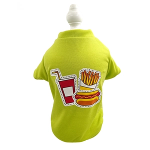 Detail of green pet t-shirt with fast food theme print showing soft fabric texture