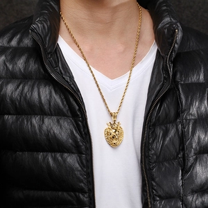 Hip hop stainless steel necklace with gold lion head crown pendant on twisted rope chain