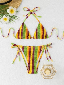 Colorful striped triangle bikini set with smocked fabric and adjustable side ties