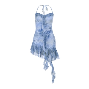Mini robe dos nu à imprimé fleuri avec volants et ourlet asymétrique sexy