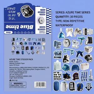 Detailed set of 30 waterproof stickers featuring retro motifs and animals in blue tones