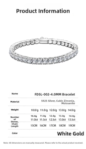 Detailed size guide for S925 sterling silver tennis bracelet with moissanite weight and length