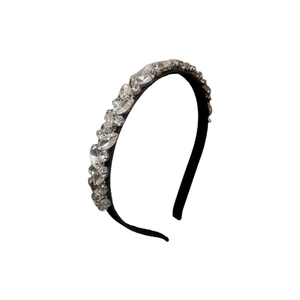 Elegante cerchietto nero con strass di cristallo scintillanti e motivi a foglia