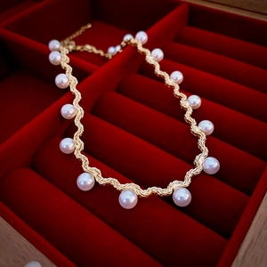 Gold Plated Copper Wavy Twisted Chain Choker Necklace With Imitation Artificial Pearls Elegant Vintage Jewelry For Women