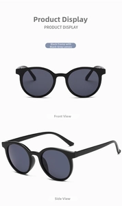 Detail view of round black frame sunglasses with gray lenses from front and side angles