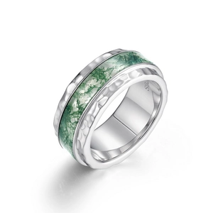 Natural moss agate ring in S925 sterling silver with a handcrafted hammered texture