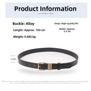 Close-up of black PU leather belt showing 2.3cm width and silver alloy buckle detail