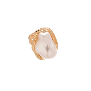 Baroque style gold ring with irregular white faux pearl and lava textured metal frame