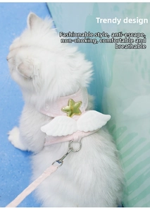Harnais rose pour chat avec ailes d'ange et étoiles dorées, tissu mesh respirant
