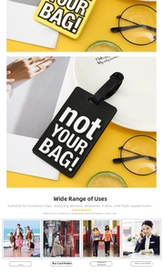 Detailed view of PVC luggage tags with embossed letters and adjustable buckle straps