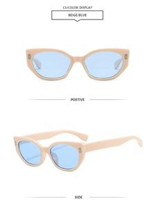 Cat eye sunglasses detail view in beige frame with blue lenses from front and side angles