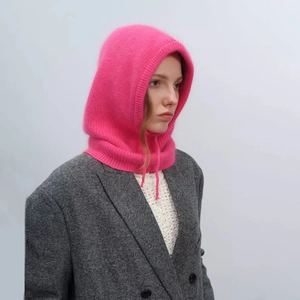 Chic rose pink knitted balaclava with drawstring for warm autumn winter style