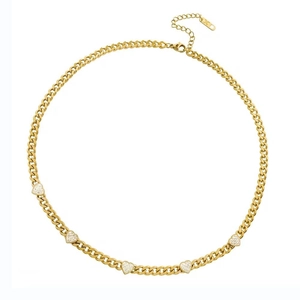 Gold Cuban chain necklace with five sparkling heart pendants and lobster clasp closure
