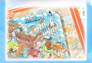 Detail of 3D miniature city sticker showing Qingdao landmarks and architectural icons