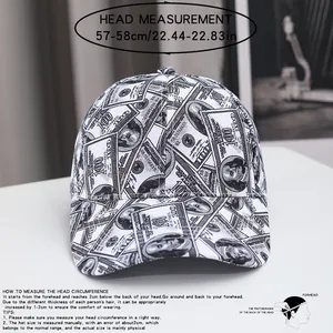 Casquette avec imprimé billet de dollar US et guide de mesure de tête 57-58cm adulte