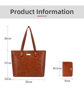 Detailed size chart for brown PU leather tote bag and matching bifold wallet set