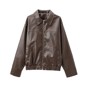 Detail of dark brown faux leather bomber jacket with vintage collar and metallic zipper
