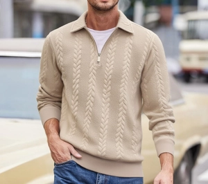 Close-up detail of beige cable knit texture and metal half-zip on the men's polo sweater