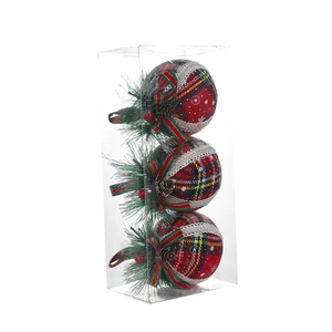 Three-piece red plaid Christmas foam balls with pine needles and cones in a display box