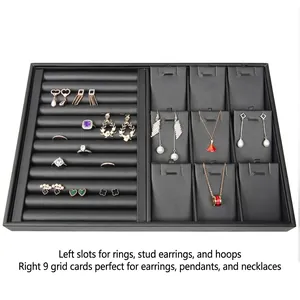 Black PU jewelry tray with ring slots and necklace hooks for display and storage