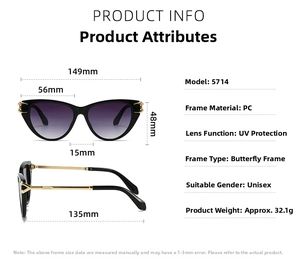 Detailed size specifications for cat-eye sunglasses with gradient lenses and metal temples