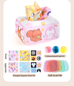 Plush tissue box set with sensory crinkle scarves and colorful balls for early education