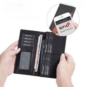 Men's long business wallet with RFID blocking and multiple card slots in black PU leather