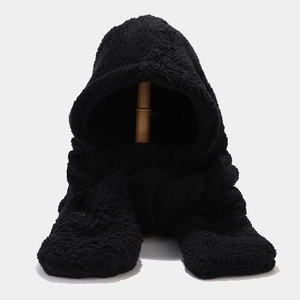 Detail of plush black fleece hooded scarf with ear flaps and integrated long mittens