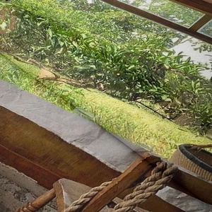 Detail view of woven bohemian tapestry showing realistic lush forest landscape textures