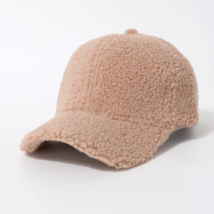 Stylish khaki fuzzy teddy wool baseball cap featuring a soft textured curved brim